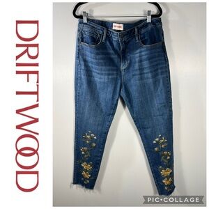Driftwood Jackie Embroidered Raw Hem Skinny Jeans Sz 33